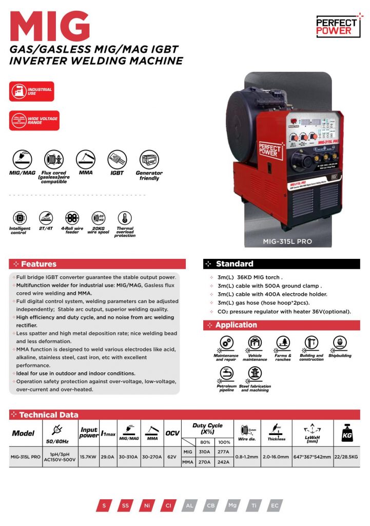 MIG Welder Gas Gasless MIG Welding Machine 315Amp 150V 500v Dual Voltage Flux Core Welder 3 in 1 MIG MAG ARC Welder IGBT Inverter