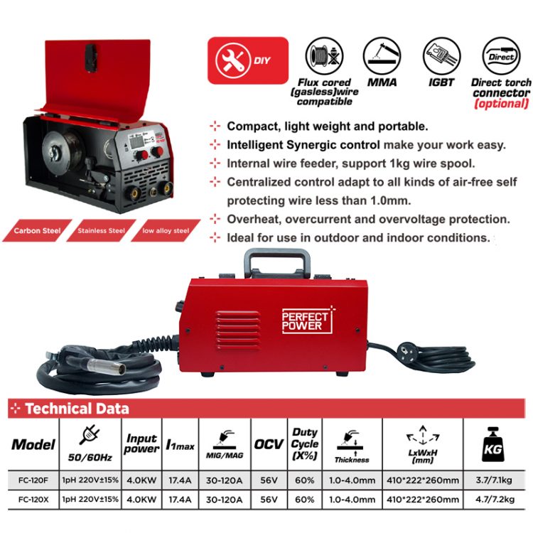 FC-120X MIG Welder, 120Amp 220V Gas/Gasless Flux Core Welder, MIG/Lift TIG/Stick 3-in-1 Welding Machine, IGBT Inverter Welder for Home Repairing